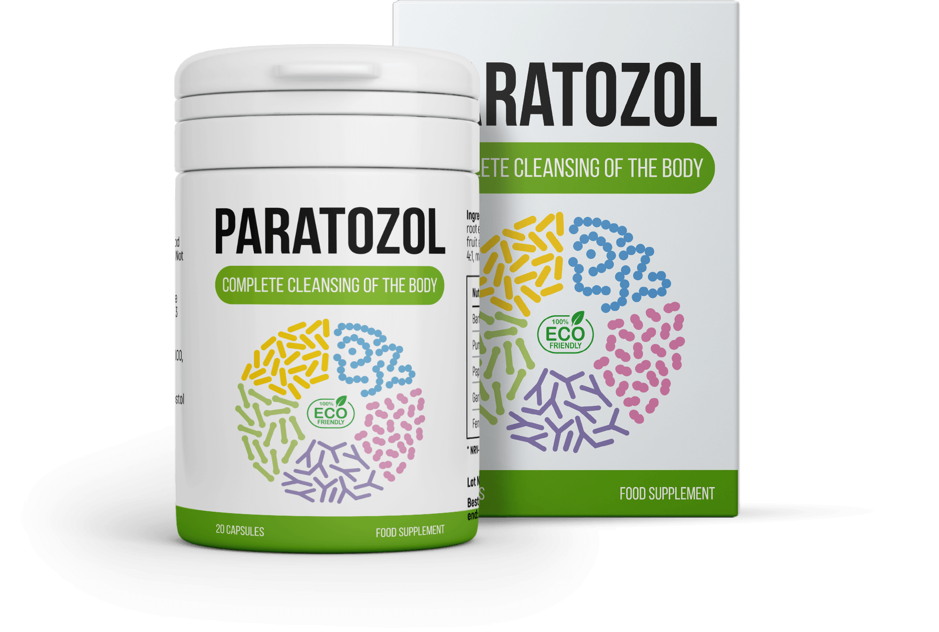 Suplemento alimentar Paratozol — frasco e caixa de 20 cápsulas para a limpeza completa do corpo